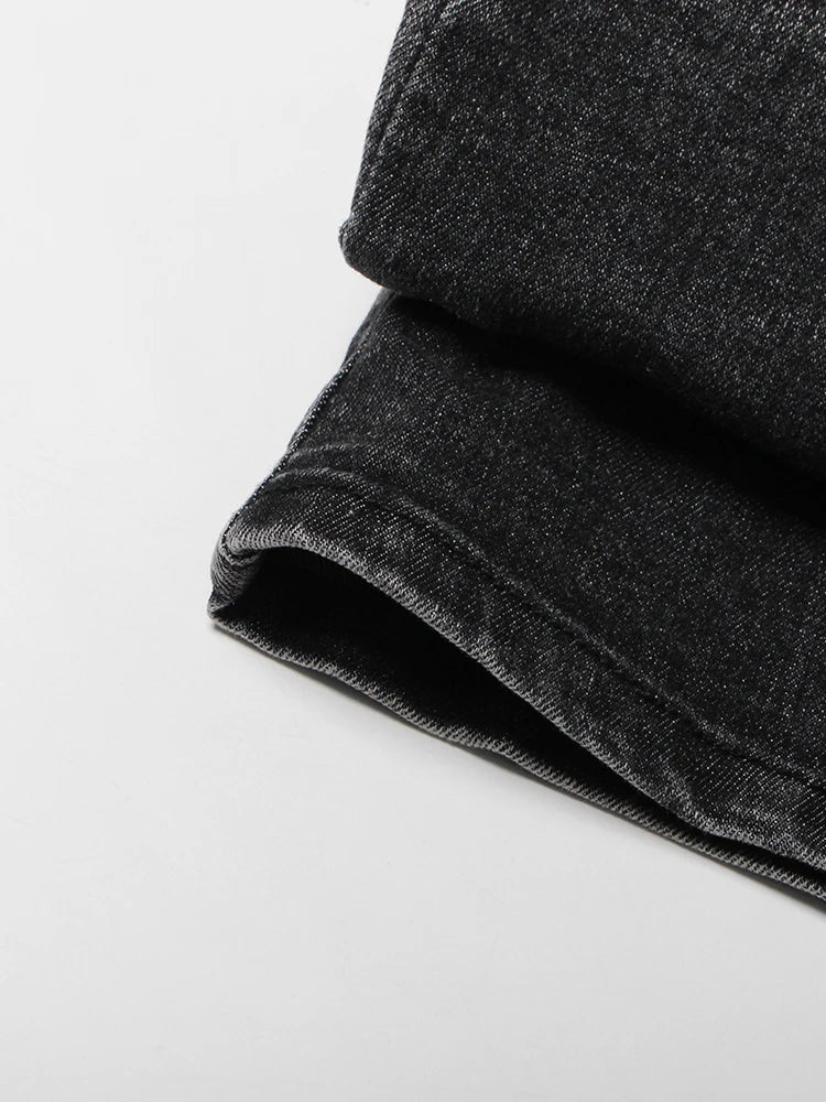 Black Denim Two Piece Set for Women with Lapel Long Sleeve Crop Top and High Waist Patchwork Pocket Mini Skirt