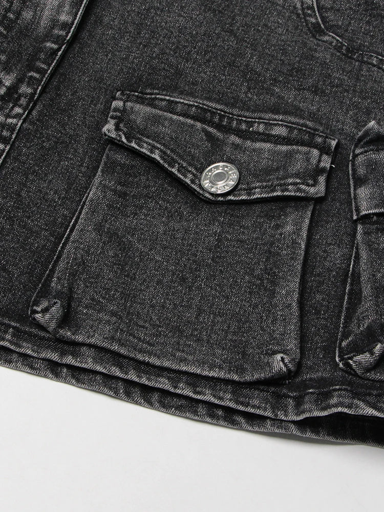 Black Denim Two Piece Set for Women with Lapel Long Sleeve Crop Top and High Waist Patchwork Pocket Mini Skirt