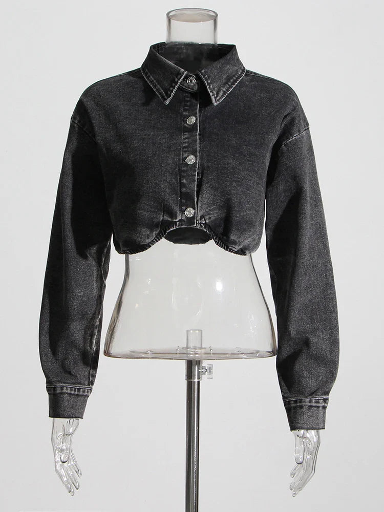 Black Denim Two Piece Set for Women with Lapel Long Sleeve Crop Top and High Waist Patchwork Pocket Mini Skirt