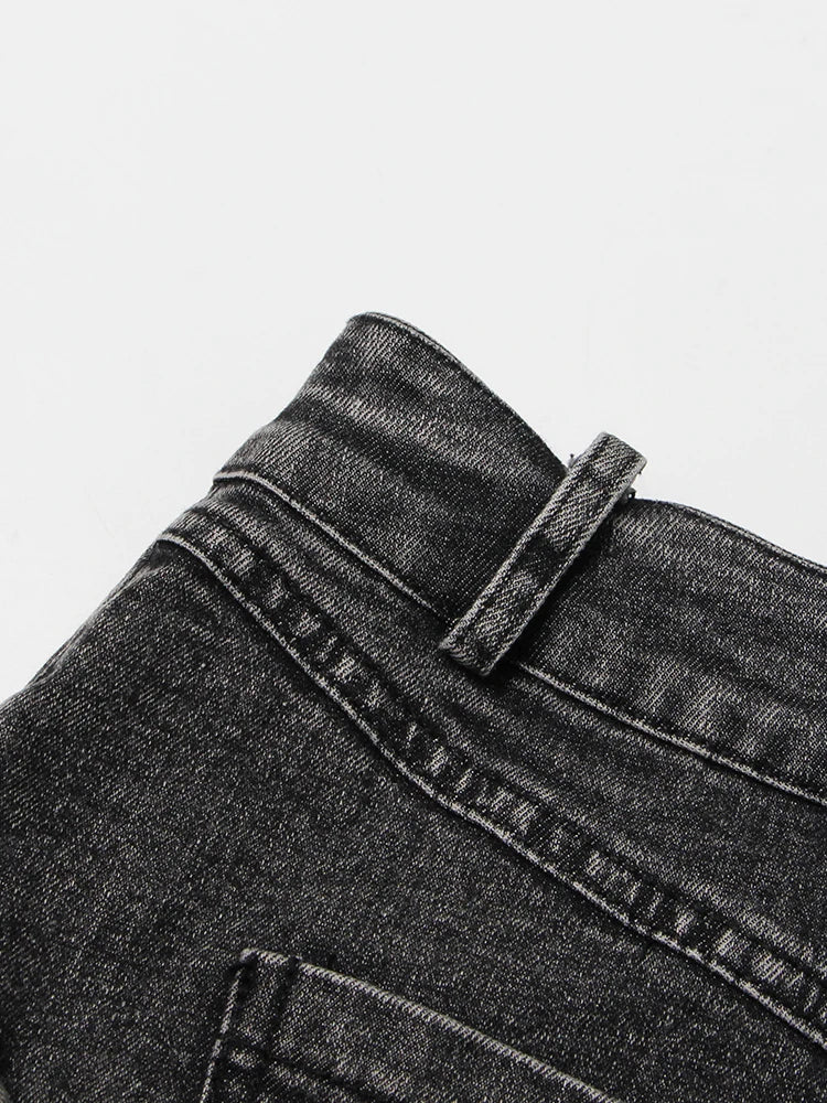 Black Denim Two Piece Set for Women with Lapel Long Sleeve Crop Top and High Waist Patchwork Pocket Mini Skirt