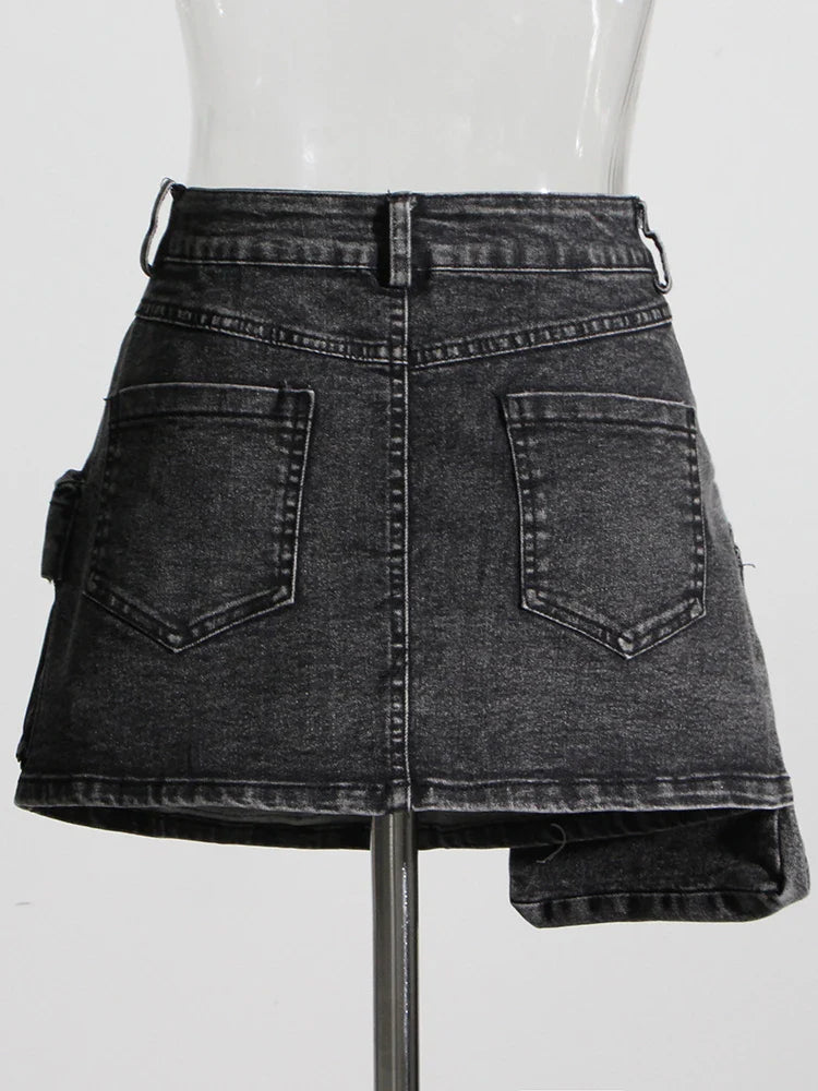 Black Denim Two Piece Set for Women with Lapel Long Sleeve Crop Top and High Waist Patchwork Pocket Mini Skirt