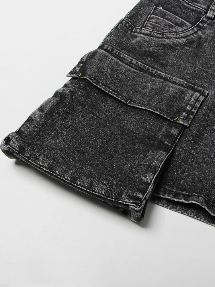 Black Denim Two Piece Set for Women with Lapel Long Sleeve Crop Top and High Waist Patchwork Pocket Mini Skirt