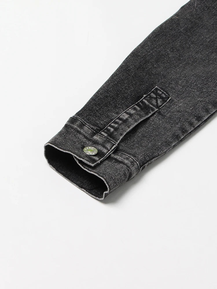 Black Denim Two Piece Set for Women with Lapel Long Sleeve Crop Top and High Waist Patchwork Pocket Mini Skirt