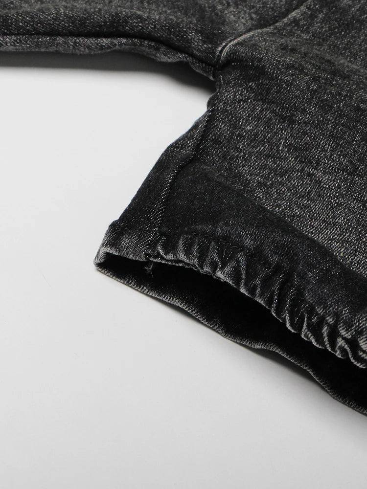 Black Denim Two Piece Set for Women with Lapel Long Sleeve Crop Top and High Waist Patchwork Pocket Mini Skirt