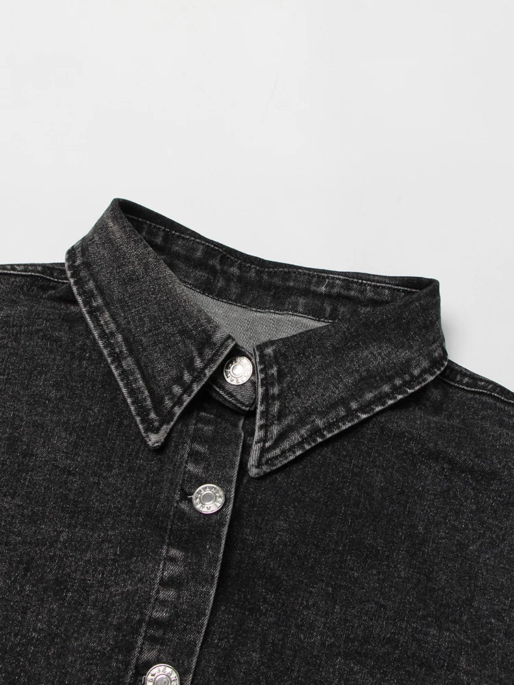 Black Denim Two Piece Set for Women with Lapel Long Sleeve Crop Top and High Waist Patchwork Pocket Mini Skirt