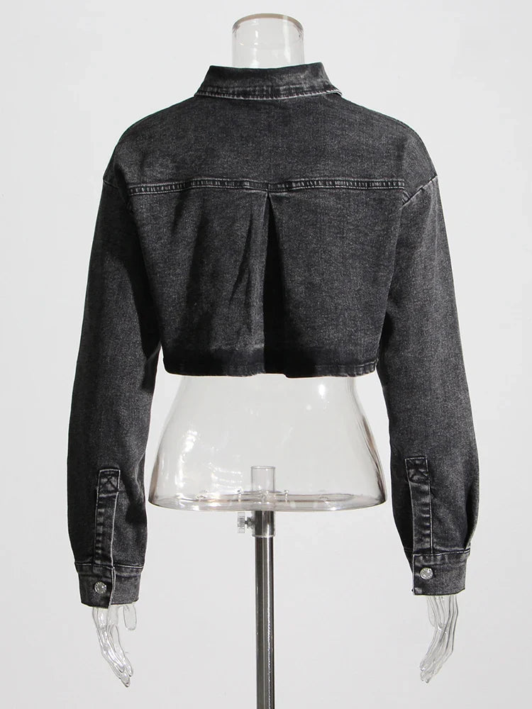 Black Denim Two Piece Set for Women with Lapel Long Sleeve Crop Top and High Waist Patchwork Pocket Mini Skirt