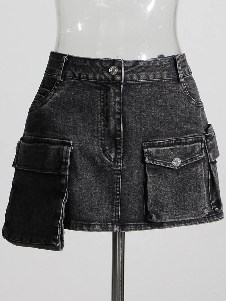 Black Denim Two Piece Set for Women with Lapel Long Sleeve Crop Top and High Waist Patchwork Pocket Mini Skirt