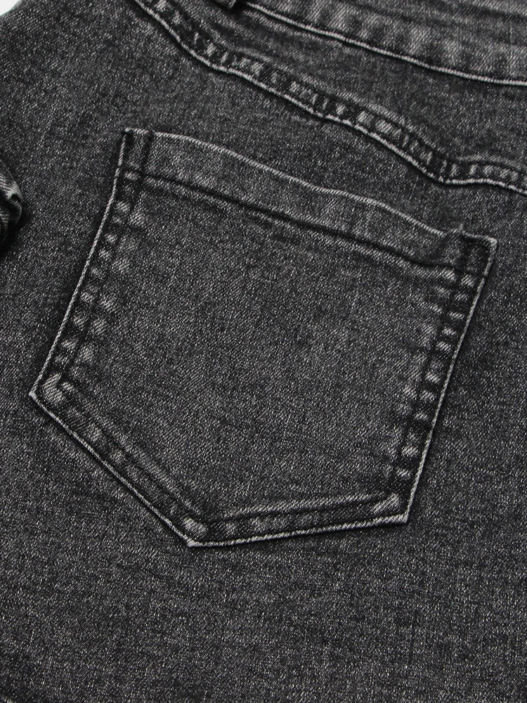 Black Denim Two Piece Set for Women with Lapel Long Sleeve Crop Top and High Waist Patchwork Pocket Mini Skirt