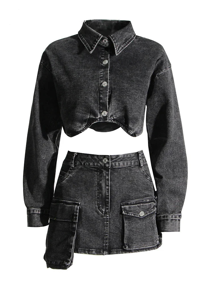 Black Denim Two Piece Set for Women with Lapel Long Sleeve Crop Top and High Waist Patchwork Pocket Mini Skirt