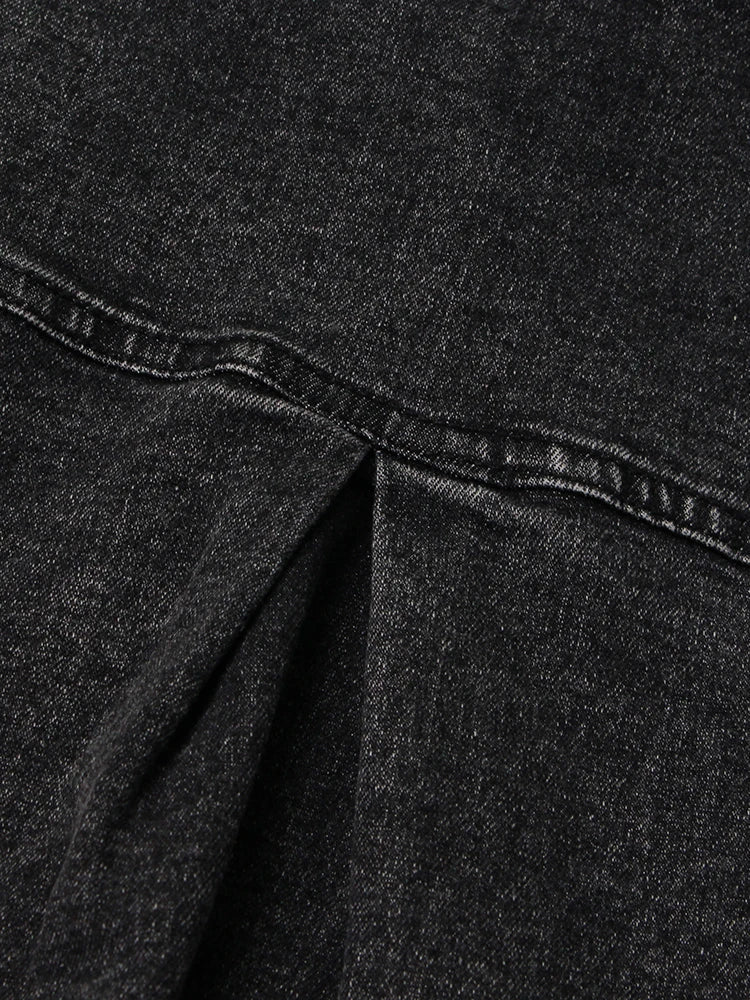 Black Denim Two Piece Set for Women with Lapel Long Sleeve Crop Top and High Waist Patchwork Pocket Mini Skirt