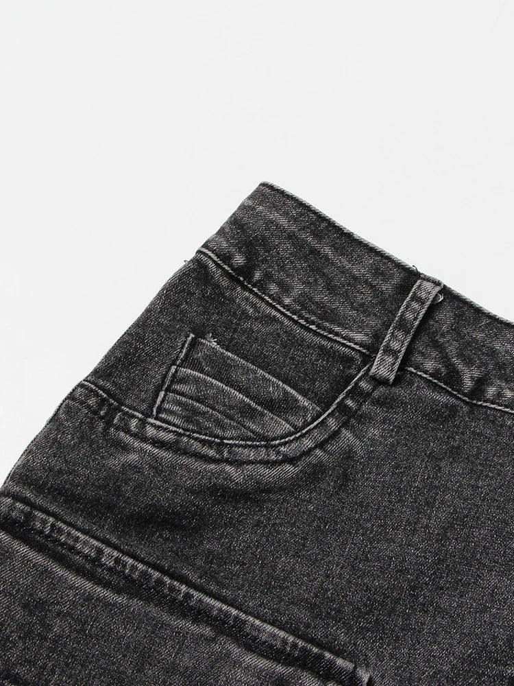 Black Denim Two Piece Set for Women with Lapel Long Sleeve Crop Top and High Waist Patchwork Pocket Mini Skirt