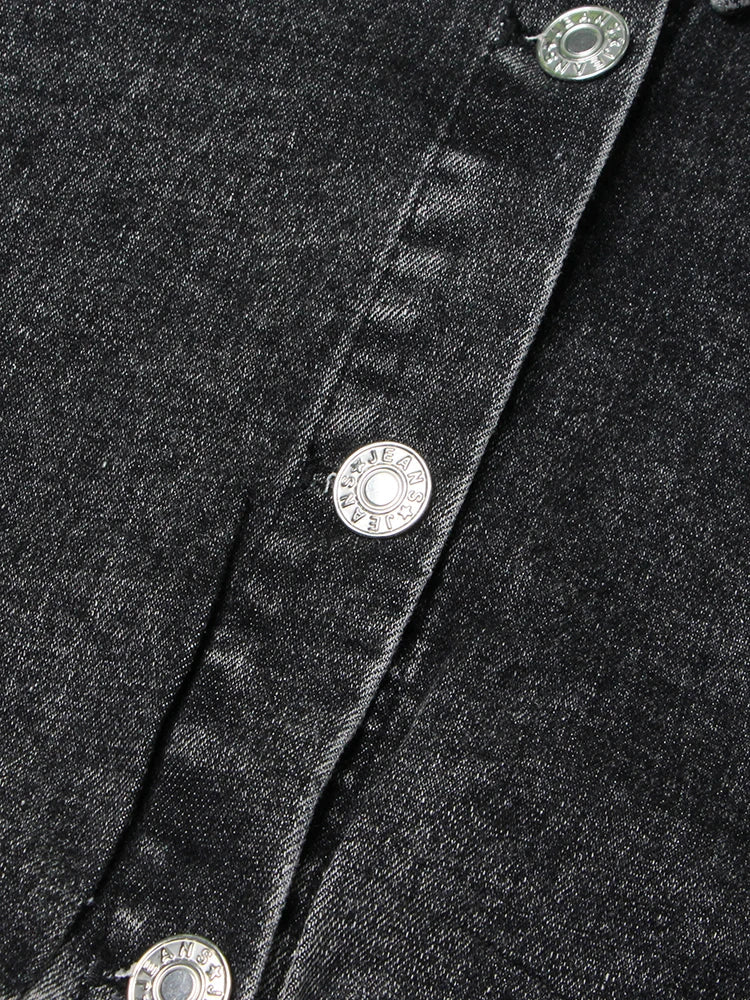 Black Denim Two Piece Set for Women with Lapel Long Sleeve Crop Top and High Waist Patchwork Pocket Mini Skirt