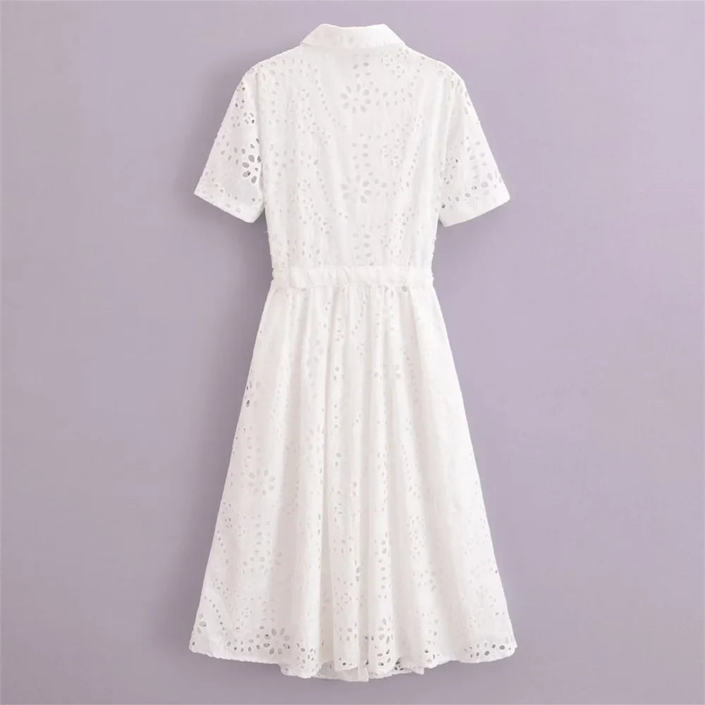 Casual Women's Hollow Embroidered Shirt Dress with Long and Short Sleeves for Summer Fashion
