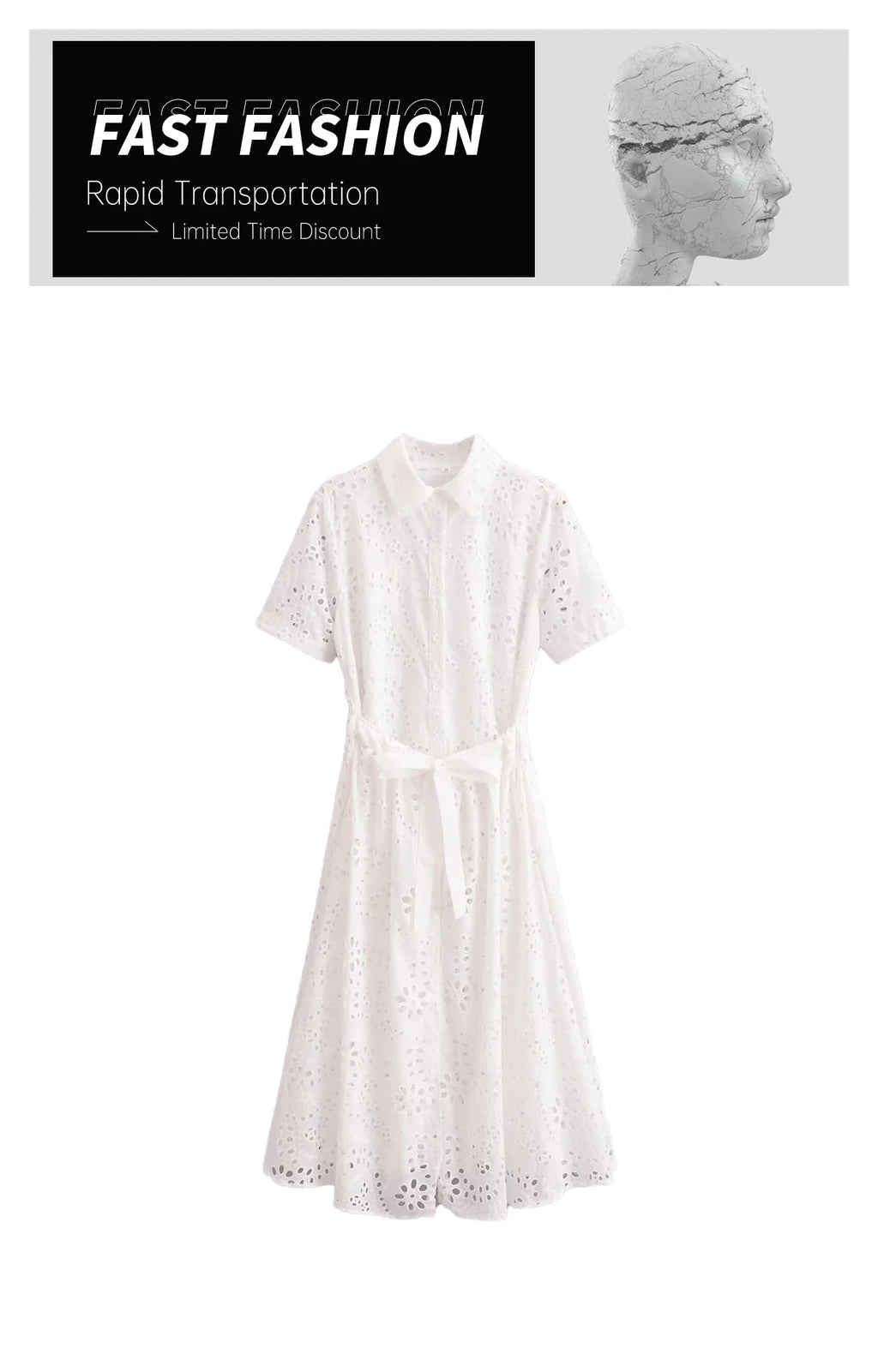 Casual Women's Hollow Embroidered Shirt Dress with Long and Short Sleeves for Summer Fashion