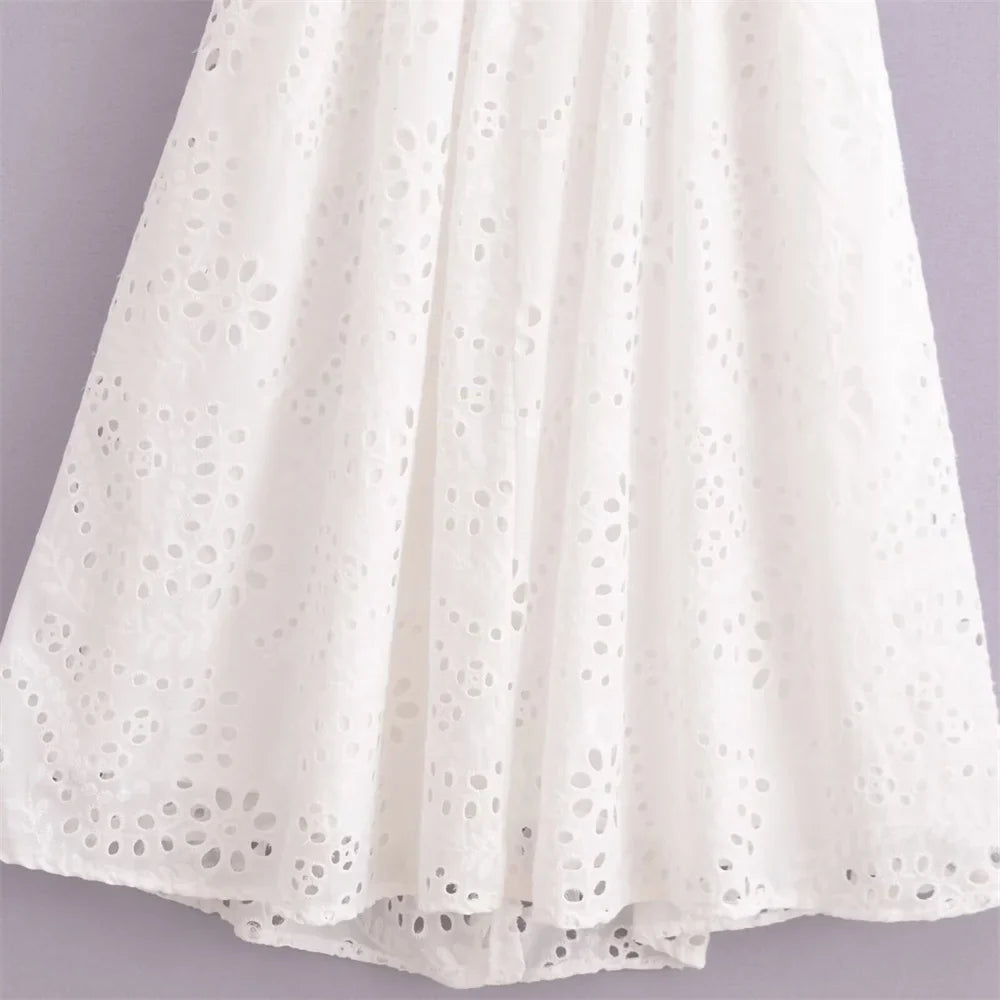 Casual Women's Hollow Embroidered Shirt Dress with Long and Short Sleeves for Summer Fashion