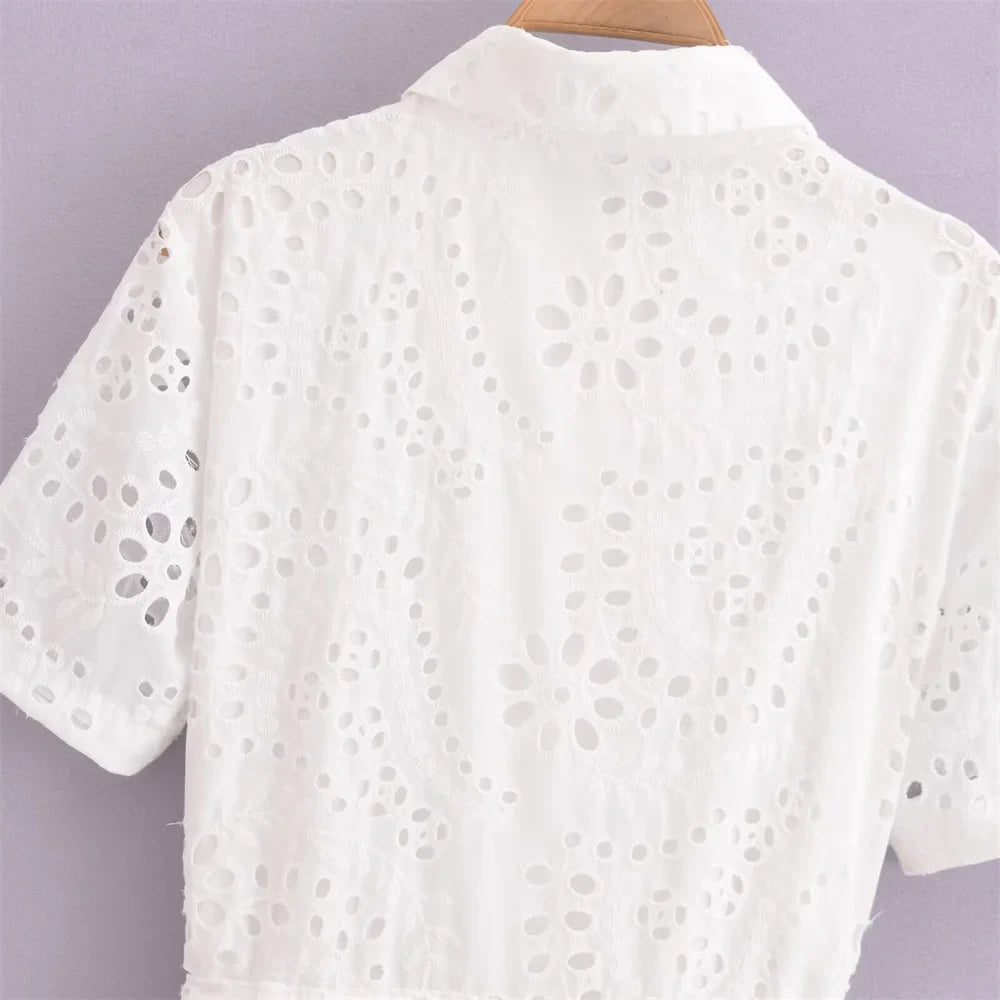 Casual Women's Hollow Embroidered Shirt Dress with Long and Short Sleeves for Summer Fashion
