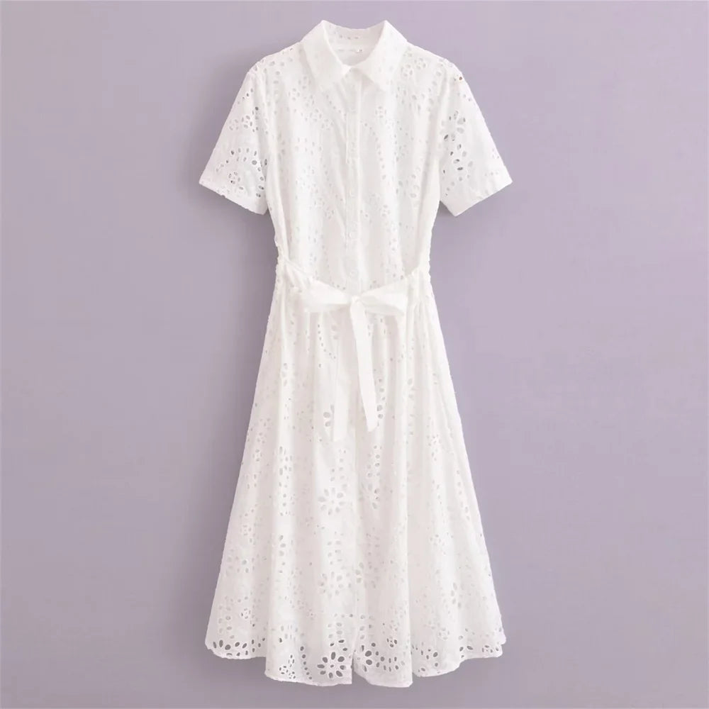 Casual Women's Hollow Embroidered Shirt Dress with Long and Short Sleeves for Summer Fashion