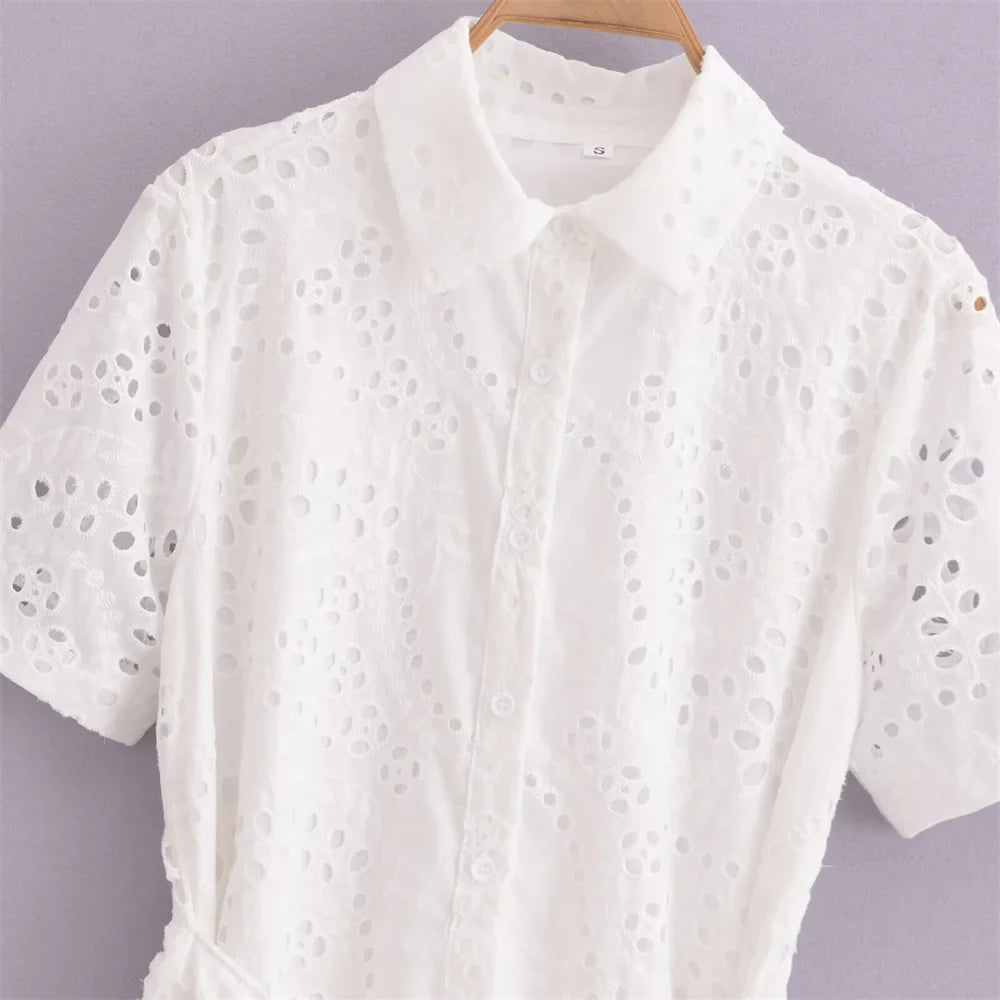 Casual Women's Hollow Embroidered Shirt Dress with Long and Short Sleeves for Summer Fashion