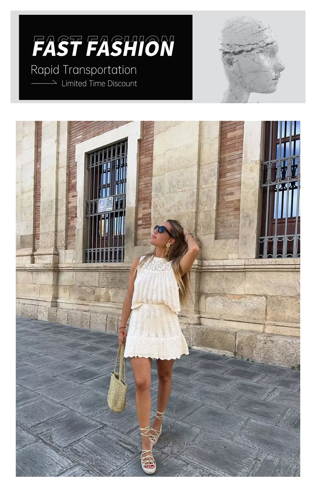 Women's Fashion Jacquard Hollow-Out Knitted Crop Top and Mini Skirt Set Stylish Slim Fit Two-Piece Outfit for Casual and Office Wear