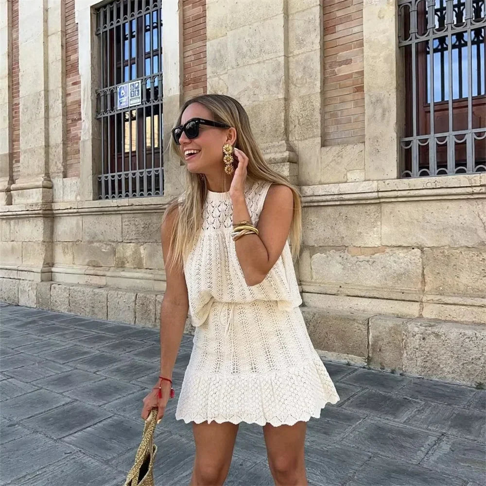 Women's Fashion Jacquard Hollow-Out Knitted Crop Top and Mini Skirt Set Stylish Slim Fit Two-Piece Outfit for Casual and Office Wear