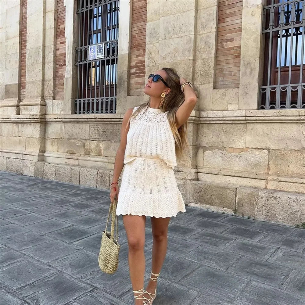 Women's Fashion Jacquard Hollow-Out Knitted Crop Top and Mini Skirt Set Stylish Slim Fit Two-Piece Outfit for Casual and Office Wear