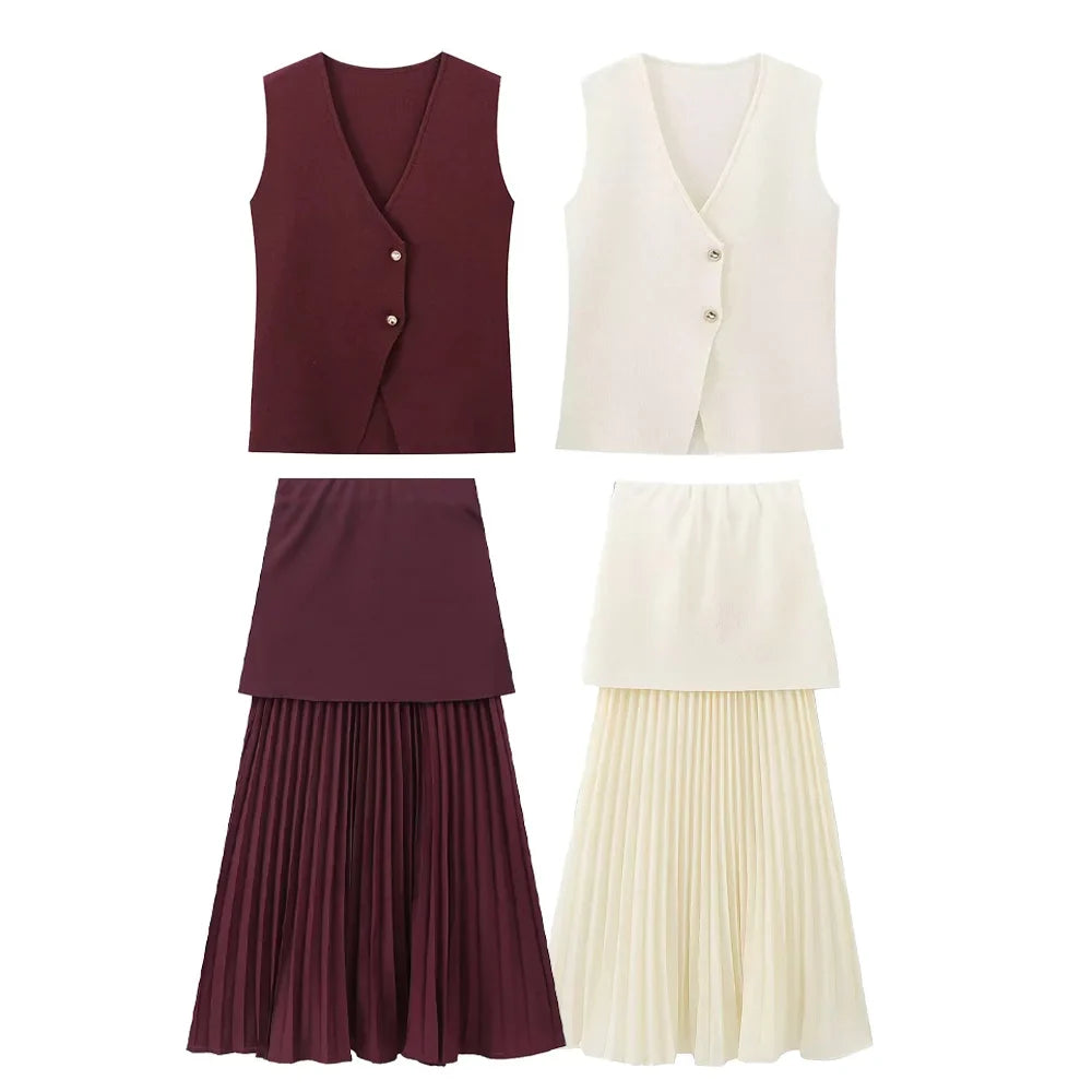 Womens Single Breasted V Neck Solid Color Knitted Vest with Patchwork Mid Length Skirt Autumn Winter Set