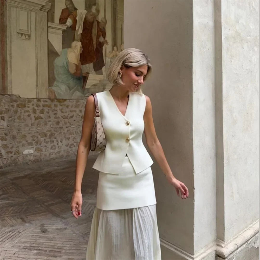 Womens Single Breasted V Neck Solid Color Knitted Vest with Patchwork Mid Length Skirt Autumn Winter Set