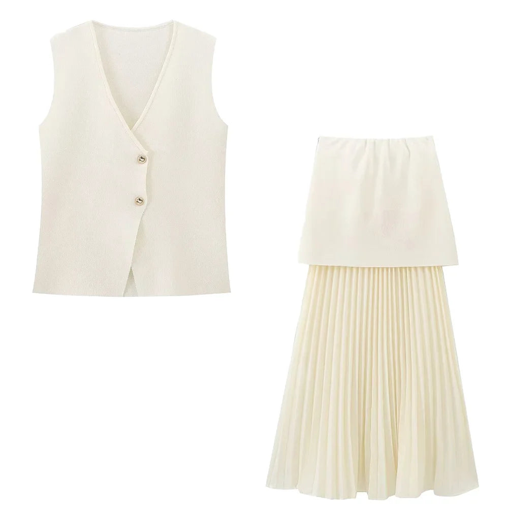 Womens Single Breasted V Neck Solid Color Knitted Vest with Patchwork Mid Length Skirt Autumn Winter Set