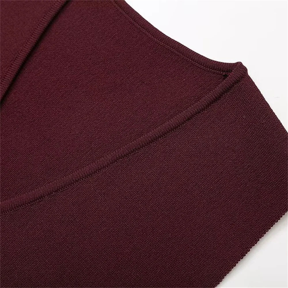 Womens Single Breasted V Neck Solid Color Knitted Vest with Patchwork Mid Length Skirt Autumn Winter Set