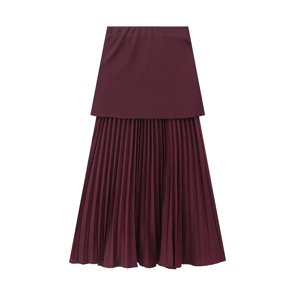 Womens Single Breasted V Neck Solid Color Knitted Vest with Patchwork Mid Length Skirt Autumn Winter Set