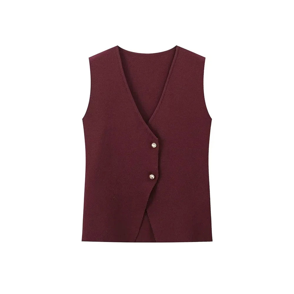 Womens Single Breasted V Neck Solid Color Knitted Vest with Patchwork Mid Length Skirt Autumn Winter Set