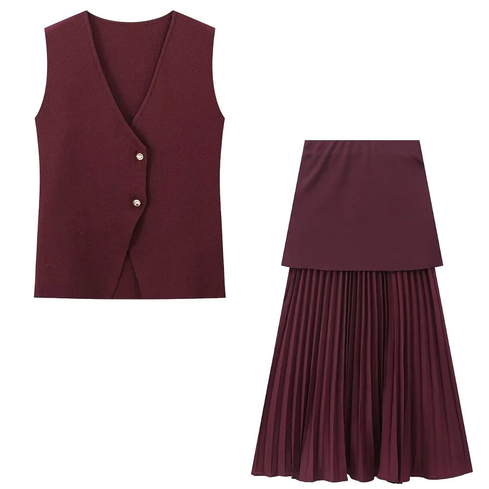 Womens Single Breasted V Neck Solid Color Knitted Vest with Patchwork Mid Length Skirt Autumn Winter Set