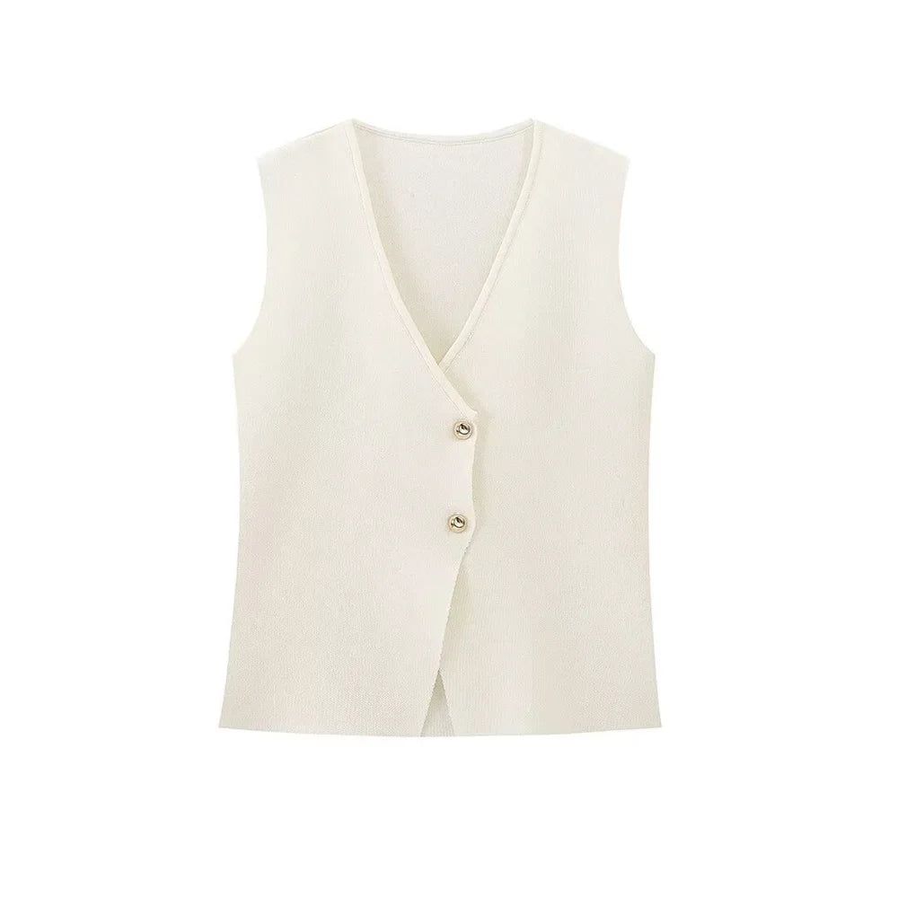 Womens Single Breasted V Neck Solid Color Knitted Vest with Patchwork Mid Length Skirt Autumn Winter Set