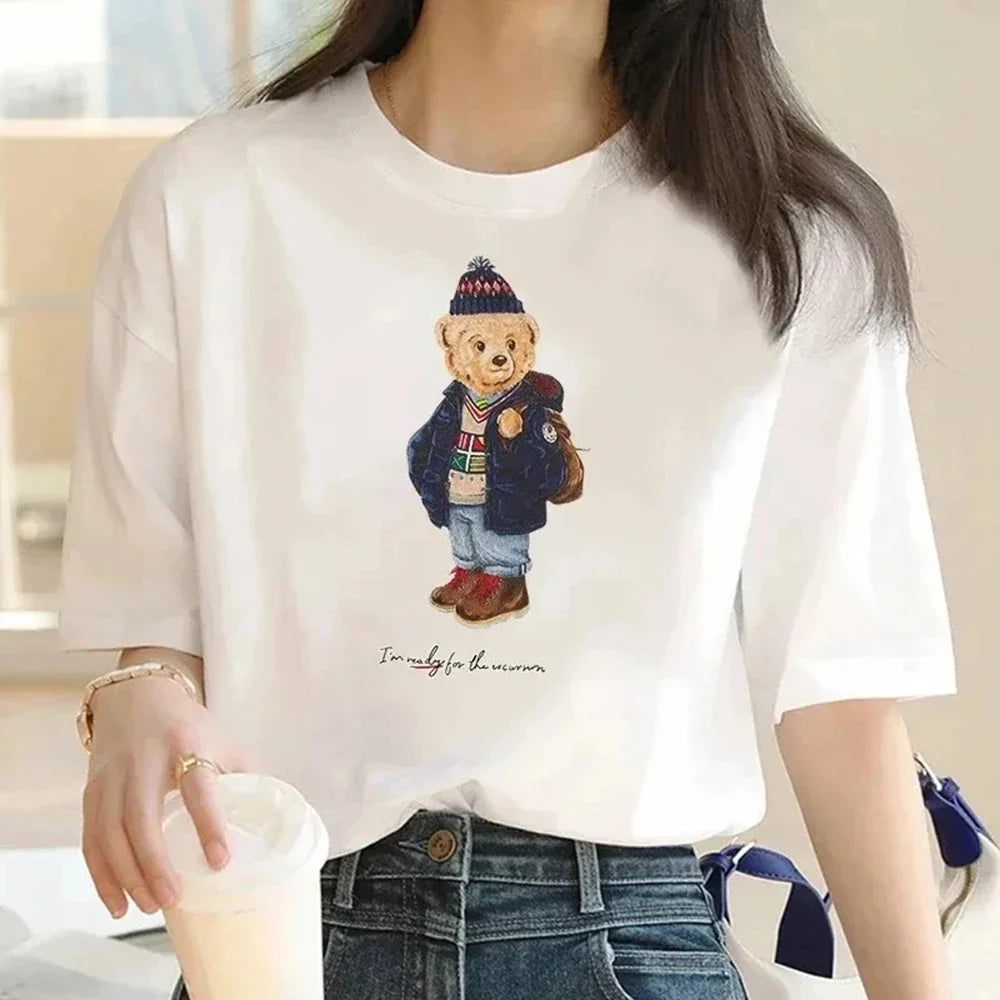 Women's Bear Print Cotton T-Shirt Casual Short Sleeve Summer Outdoor Top