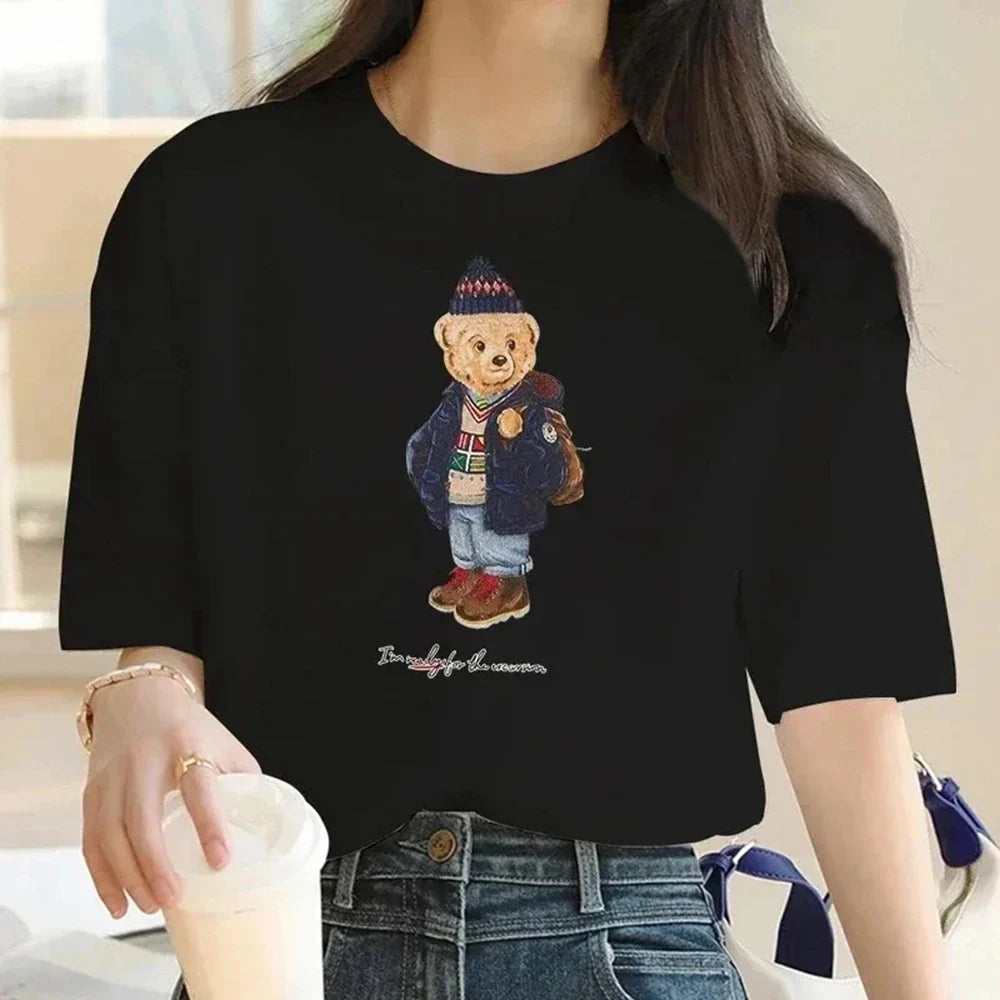 Women's Bear Print Cotton T-Shirt Casual Short Sleeve Summer Outdoor Top