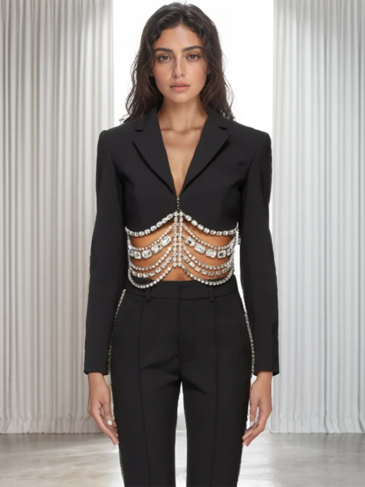 Slim Fit Black Blazer for Women with Notched Collar Long Sleeves and Spliced Diamond Detailing Elegant Sexy Tailored Jacket for Fashion-Forward Looks