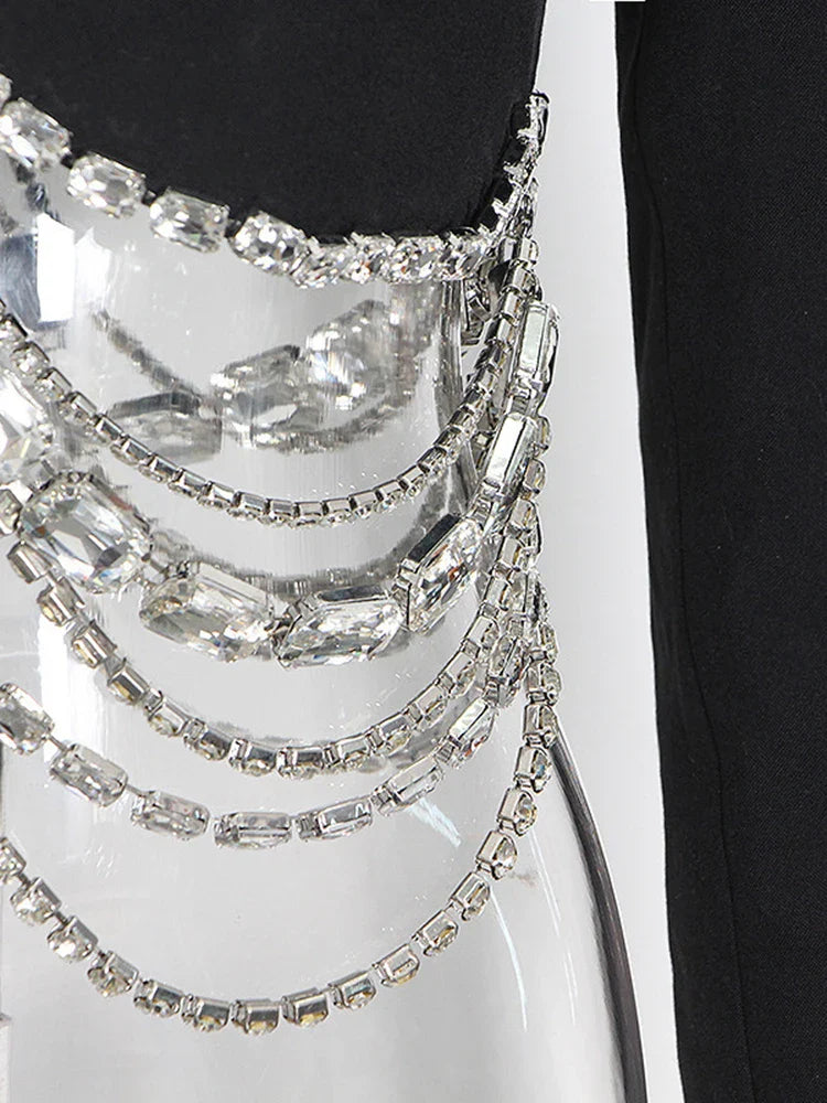 Slim Fit Black Blazer for Women with Notched Collar Long Sleeves and Spliced Diamond Detailing Elegant Sexy Tailored Jacket for Fashion-Forward Looks