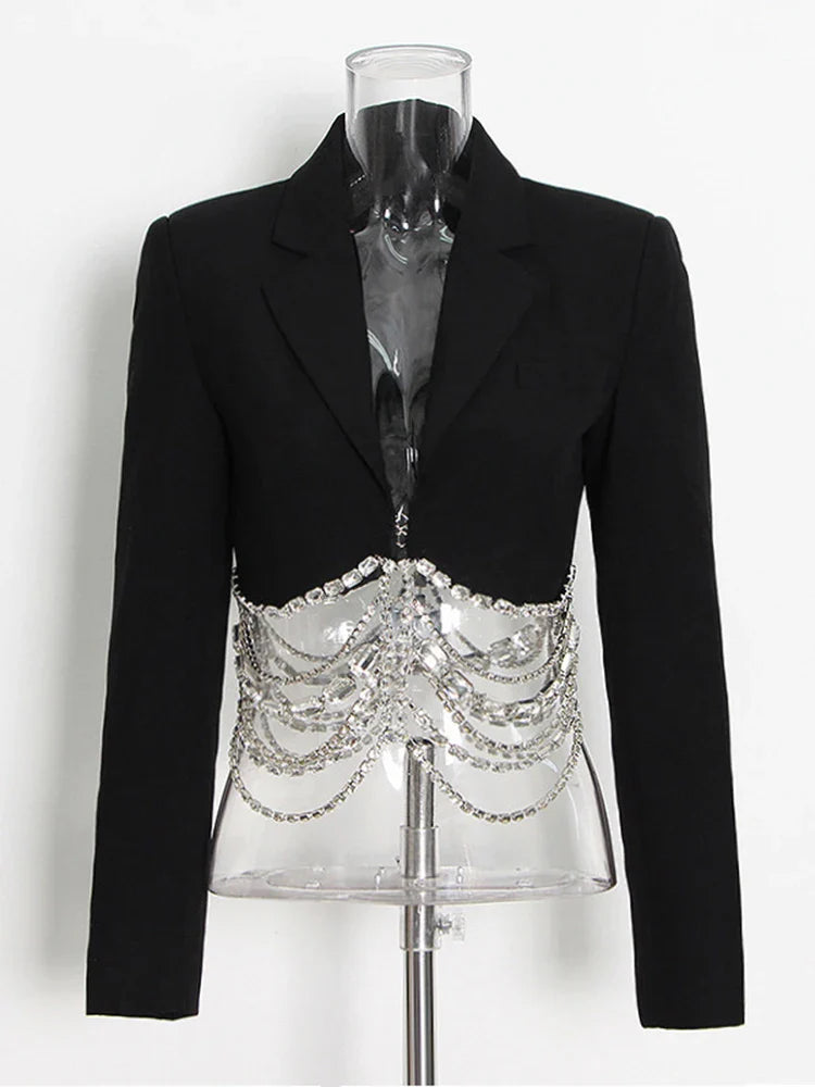 Slim Fit Black Blazer for Women with Notched Collar Long Sleeves and Spliced Diamond Detailing Elegant Sexy Tailored Jacket for Fashion-Forward Looks