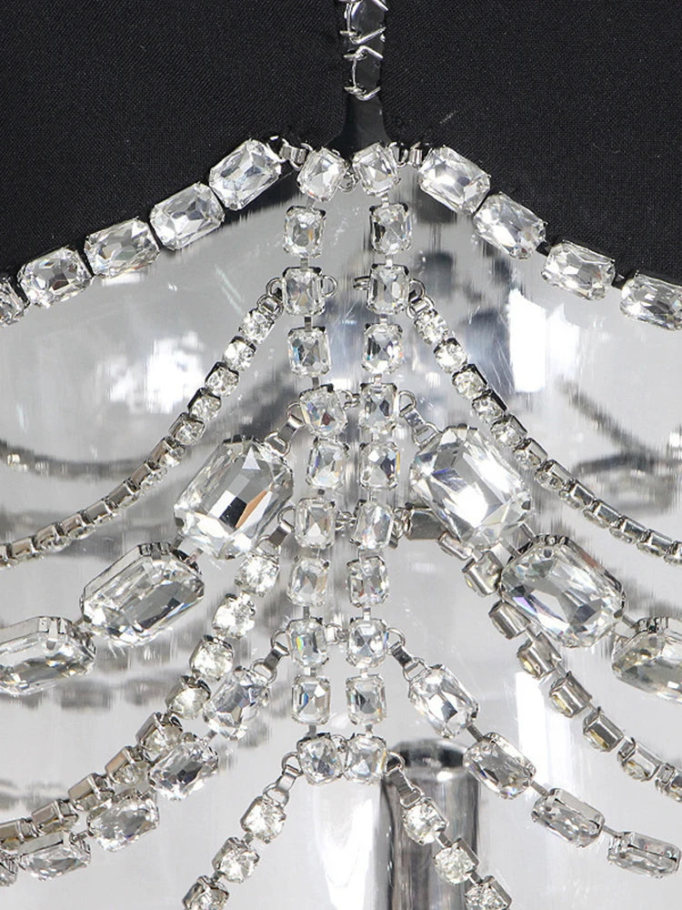 Slim Fit Black Blazer for Women with Notched Collar Long Sleeves and Spliced Diamond Detailing Elegant Sexy Tailored Jacket for Fashion-Forward Looks