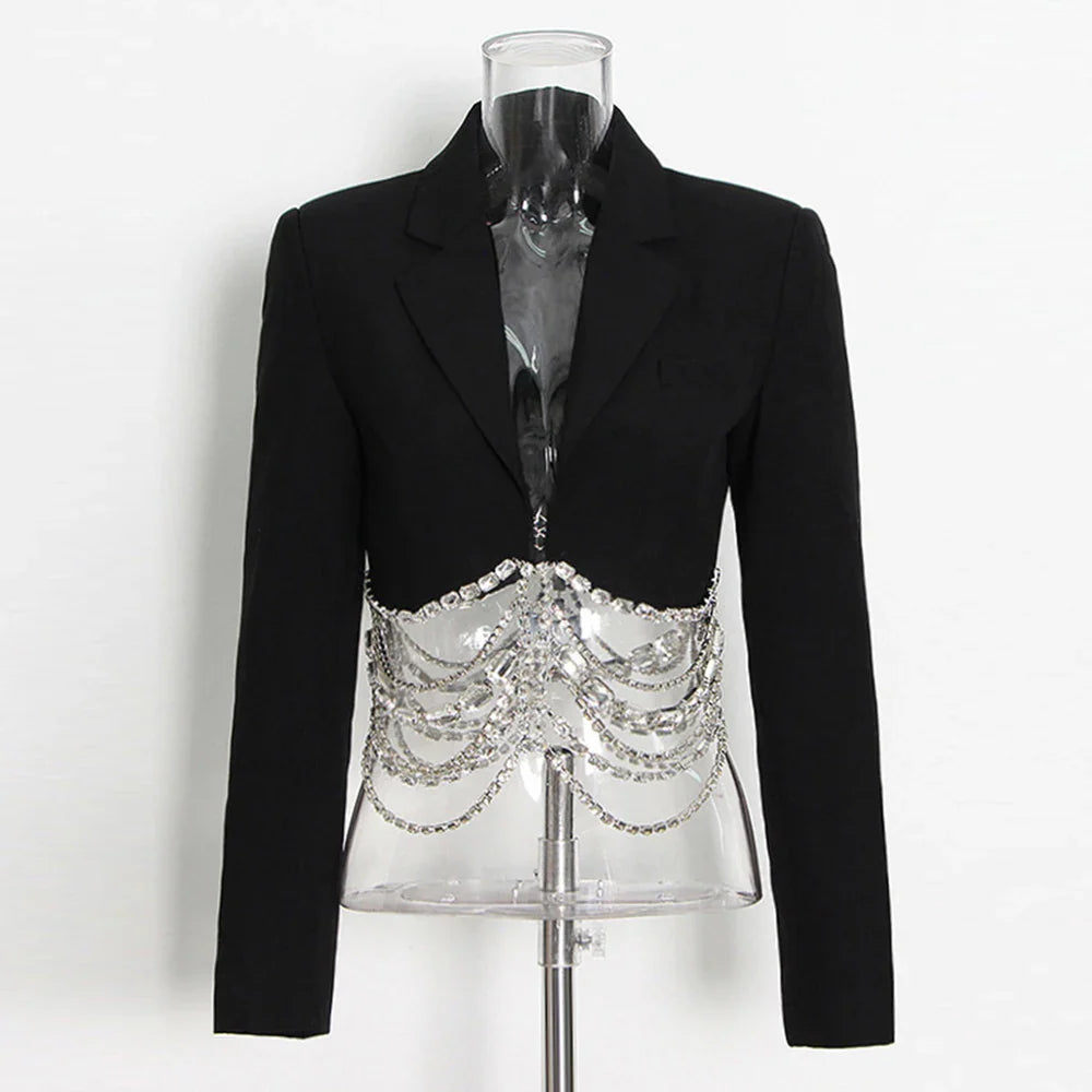 Slim Fit Black Blazer for Women with Notched Collar Long Sleeves and Spliced Diamond Detailing Elegant Sexy Tailored Jacket for Fashion-Forward Looks