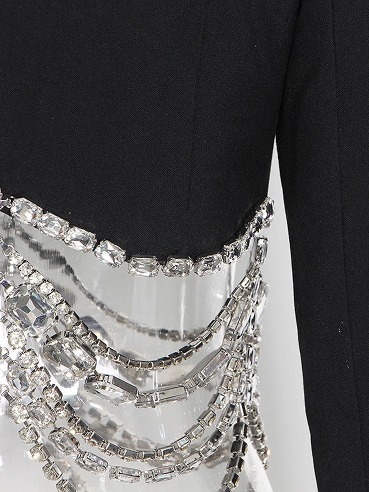 Slim Fit Black Blazer for Women with Notched Collar Long Sleeves and Spliced Diamond Detailing Elegant Sexy Tailored Jacket for Fashion-Forward Looks
