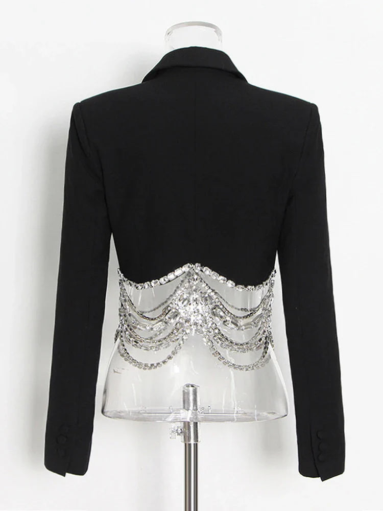 Slim Fit Black Blazer for Women with Notched Collar Long Sleeves and Spliced Diamond Detailing Elegant Sexy Tailored Jacket for Fashion-Forward Looks