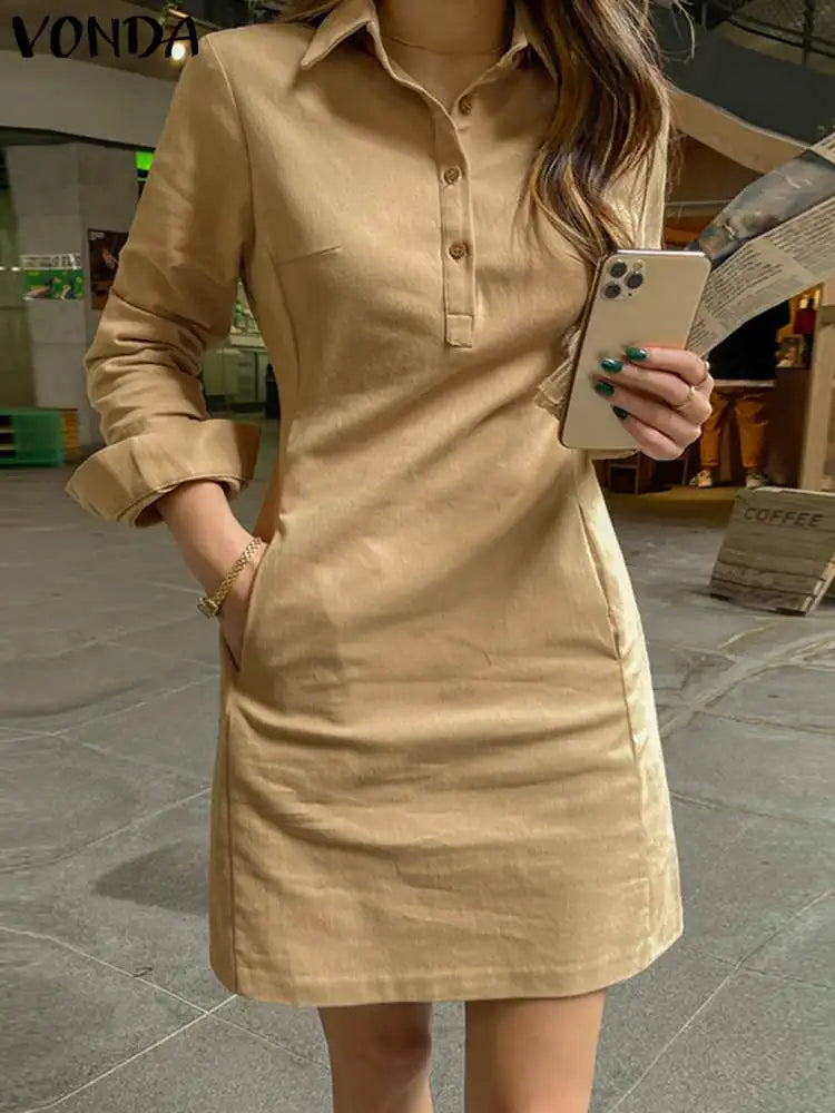 Elegant Long Sleeve Summer Dress for Women with Solid Color Shirt Design, Casual Loose Fit, Button Details, Pockets, and Short Mini Length