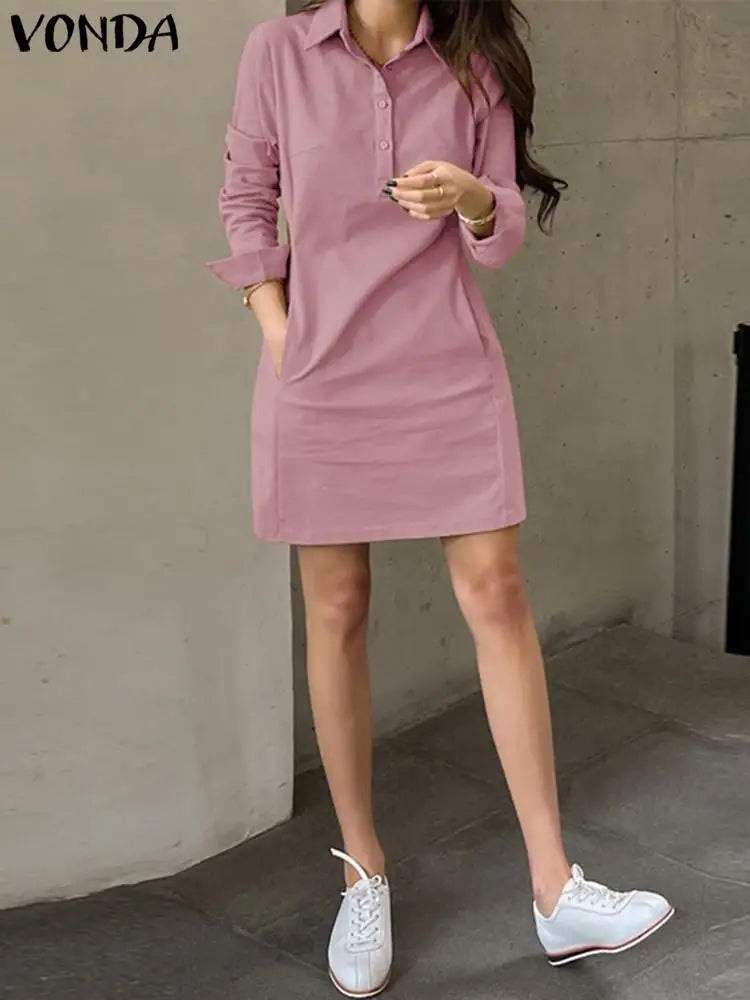 Elegant Long Sleeve Summer Dress for Women with Solid Color Shirt Design, Casual Loose Fit, Button Details, Pockets, and Short Mini Length