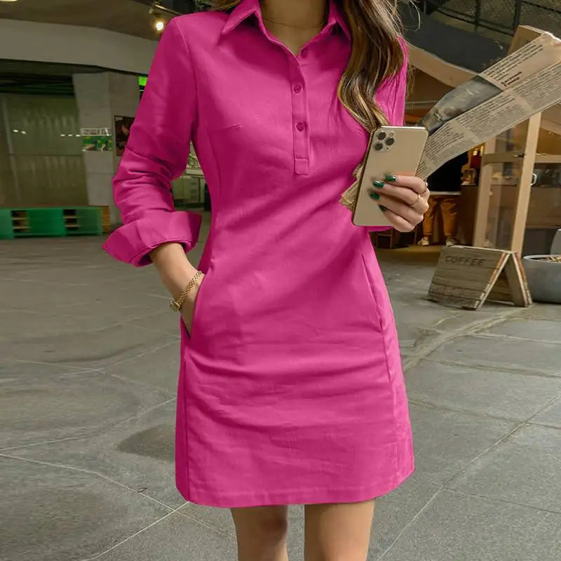 Elegant Long Sleeve Summer Dress for Women with Solid Color Shirt Design, Casual Loose Fit, Button Details, Pockets, and Short Mini Length