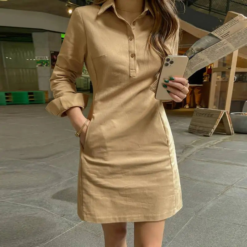 Elegant Long Sleeve Summer Dress for Women with Solid Color Shirt Design, Casual Loose Fit, Button Details, Pockets, and Short Mini Length