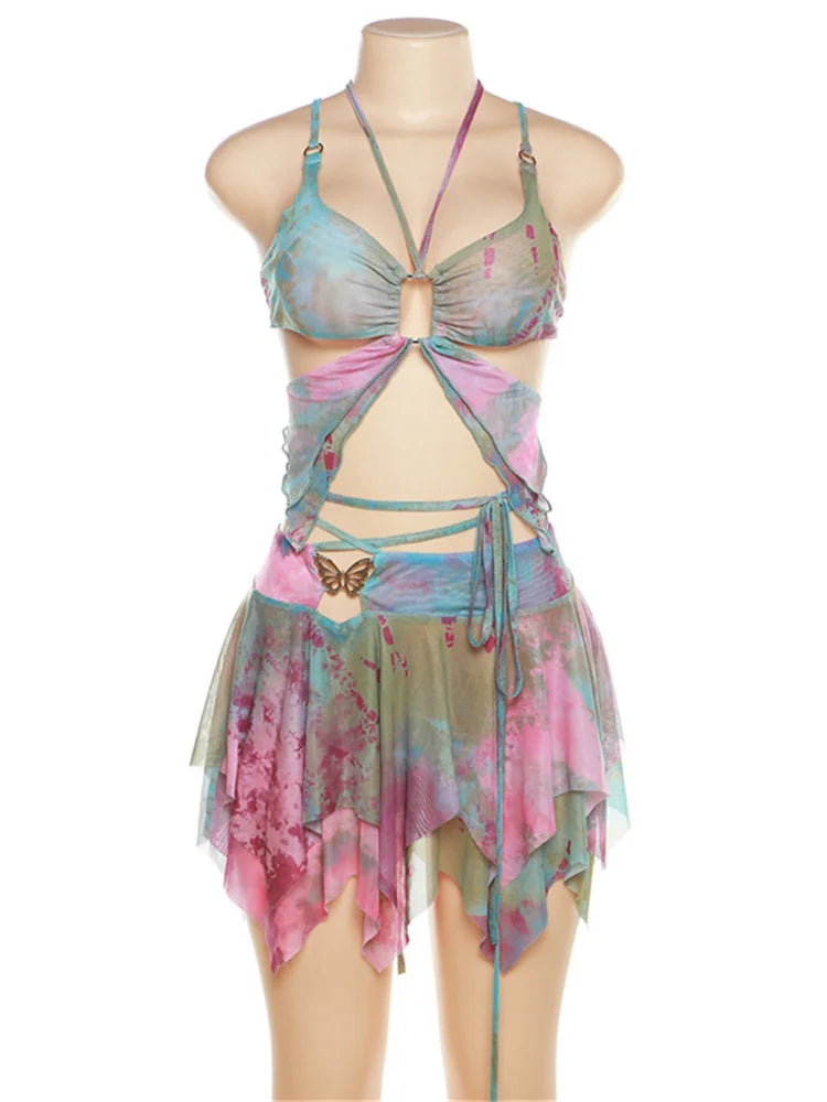 Weird Puss Hollow Sexy Tie Dye Butterfly Print 3 Piece Set Women Camisole Crop Top and Skirt Streetwear Matching Outfit
