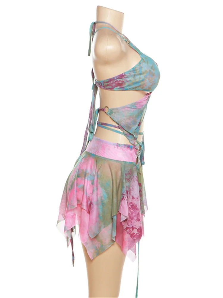 Weird Puss Hollow Sexy Tie Dye Butterfly Print 3 Piece Set Women Camisole Crop Top and Skirt Streetwear Matching Outfit