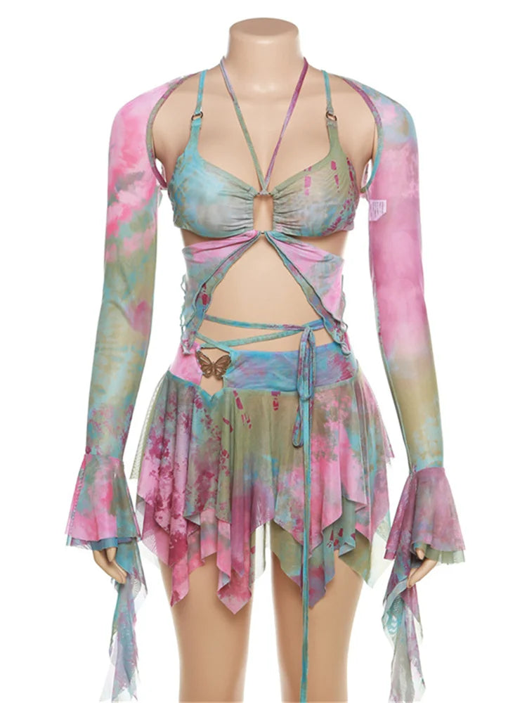 Weird Puss Hollow Sexy Tie Dye Butterfly Print 3 Piece Set Women Camisole Crop Top and Skirt Streetwear Matching Outfit