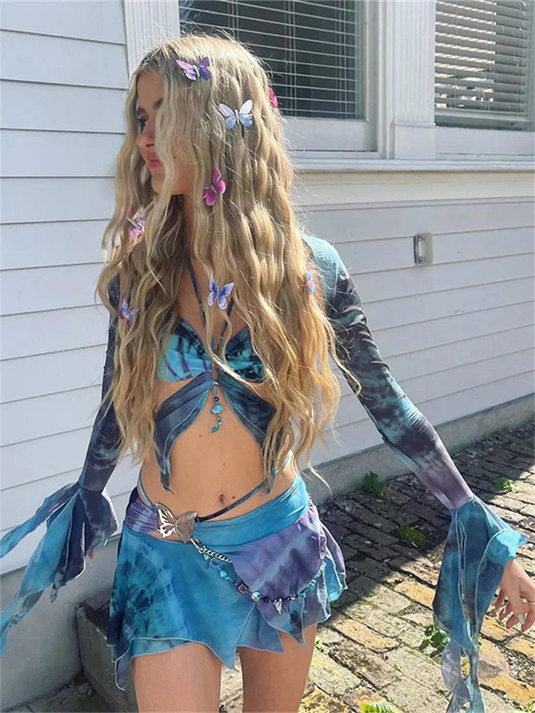 Weird Puss Hollow Sexy Tie Dye Butterfly Print 3 Piece Set Women Camisole Crop Top and Skirt Streetwear Matching Outfit